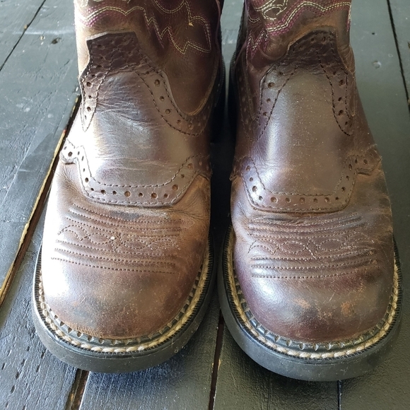 Justin Boots Women's 6 6B Brown Leather Fat Boy Cowgirl Boots Pink Stitching - Picture 2 of 12